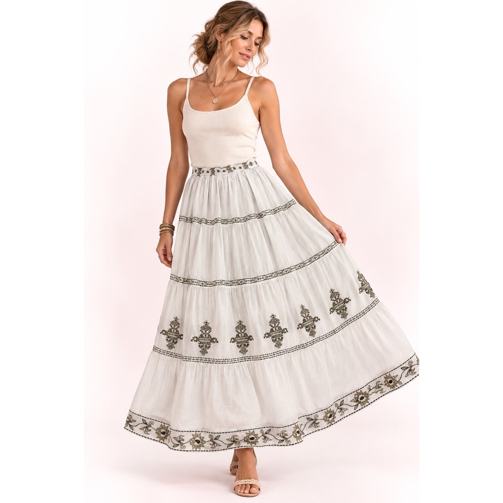 Cantonwall White Embroidered Maxi Skirt Boho Cottagecore Elastic Waist S